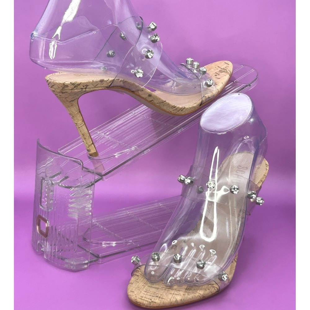 Schutz Ariella Cork Crystal Studded Clear Vinyl Sandals Heels 7.5B